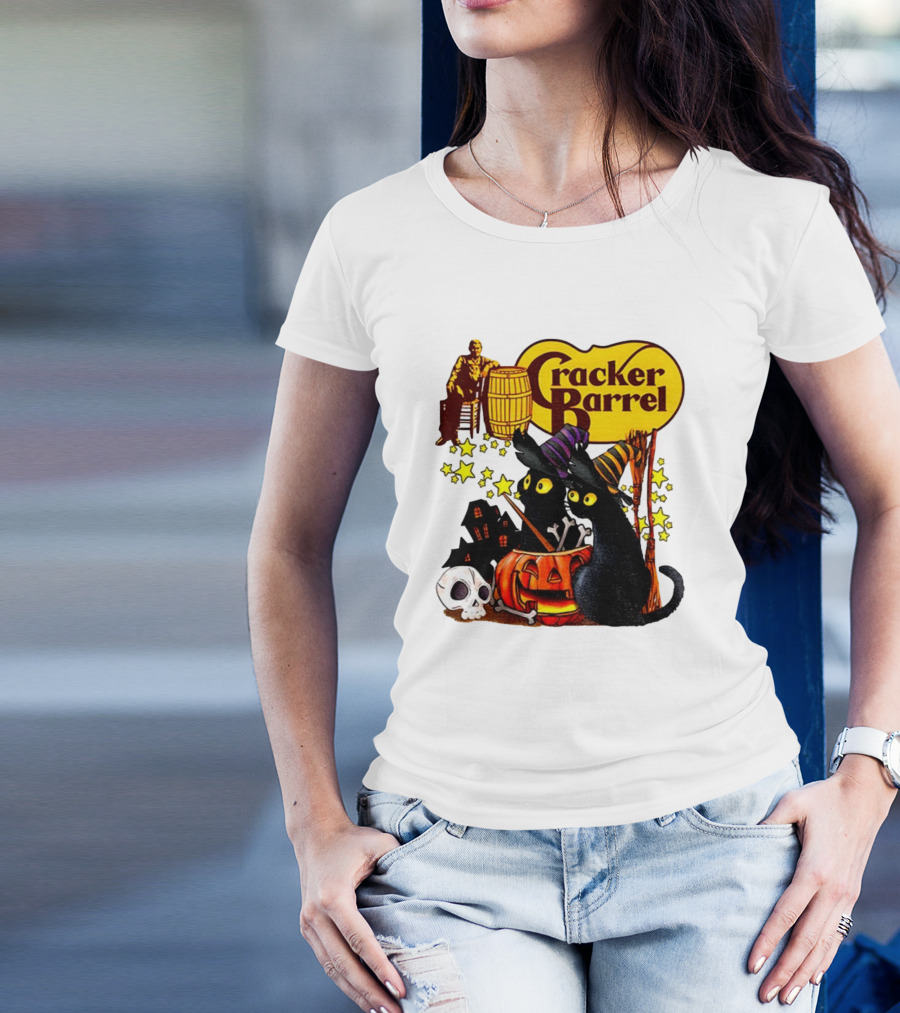 Cracker Barrel Halloween 2025 Black Cat Witches Pumpkin Stars Skulls T-Shirt