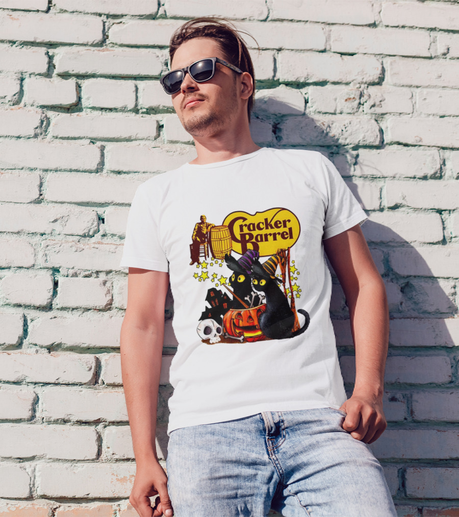 Cracker Barrel Halloween 2025 Black Cat Witches Pumpkin Stars Skulls T-Shirt