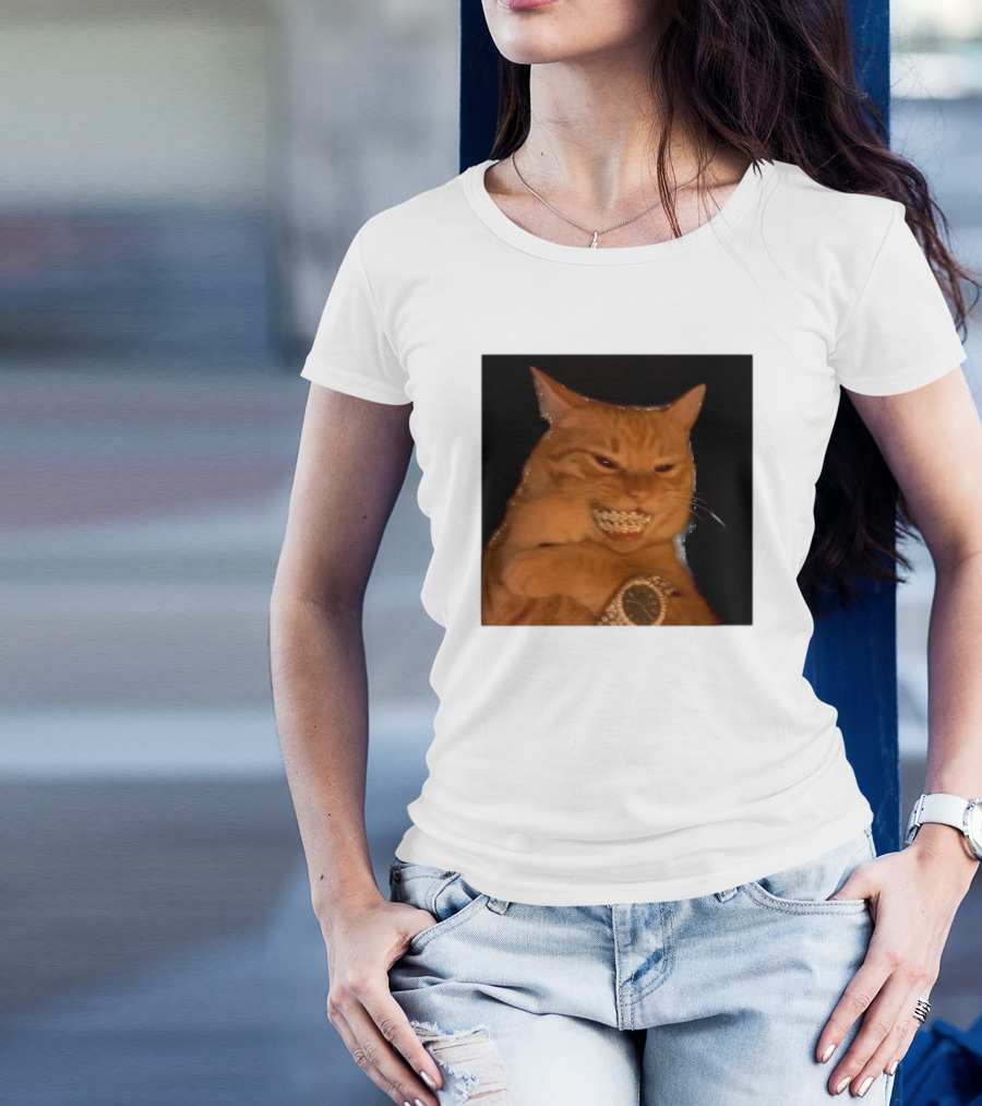 Cat Morgan Freebands Iced Out Gangsta Cat With Diamond Grill And Bling T-Shirt