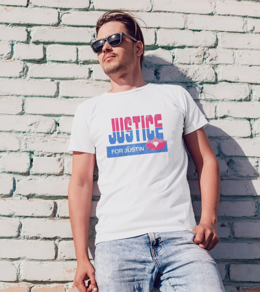 Justice For Justin LGBTQ Pride Pink And Blue Bold Text With Heart Symbol T-Shirt