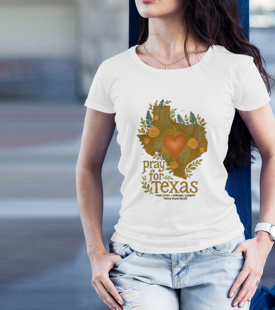 Pray For Texas Flood Relief Heart And Floral Pattern T-Shirt