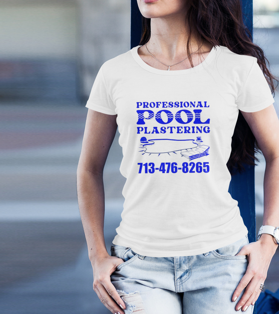 PROFESSIONAL POOL PLASTERING 713-476-8265 POOL OUTLINE COCKTAIL AND PALM TREE ICONS T-Shirt