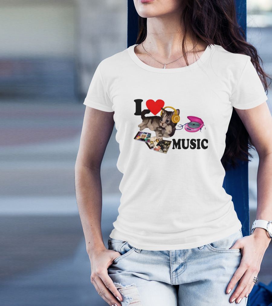 I Love Music Cat Headphones Portable CD Player Cute Cat Photos T-Shirt