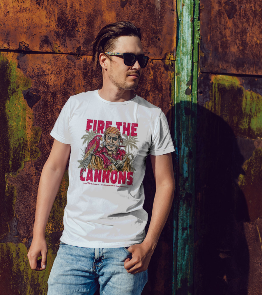 Fire The Cannons Buccaneers Pirate Parrot Palm Trees T-Shirt