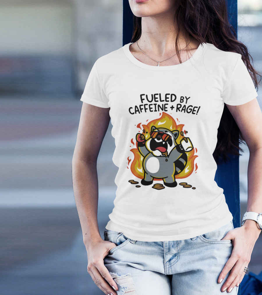 Fueled By Caffeine & Rage Cartoon Raccoon On Fire With Sunglasses T-Shirt