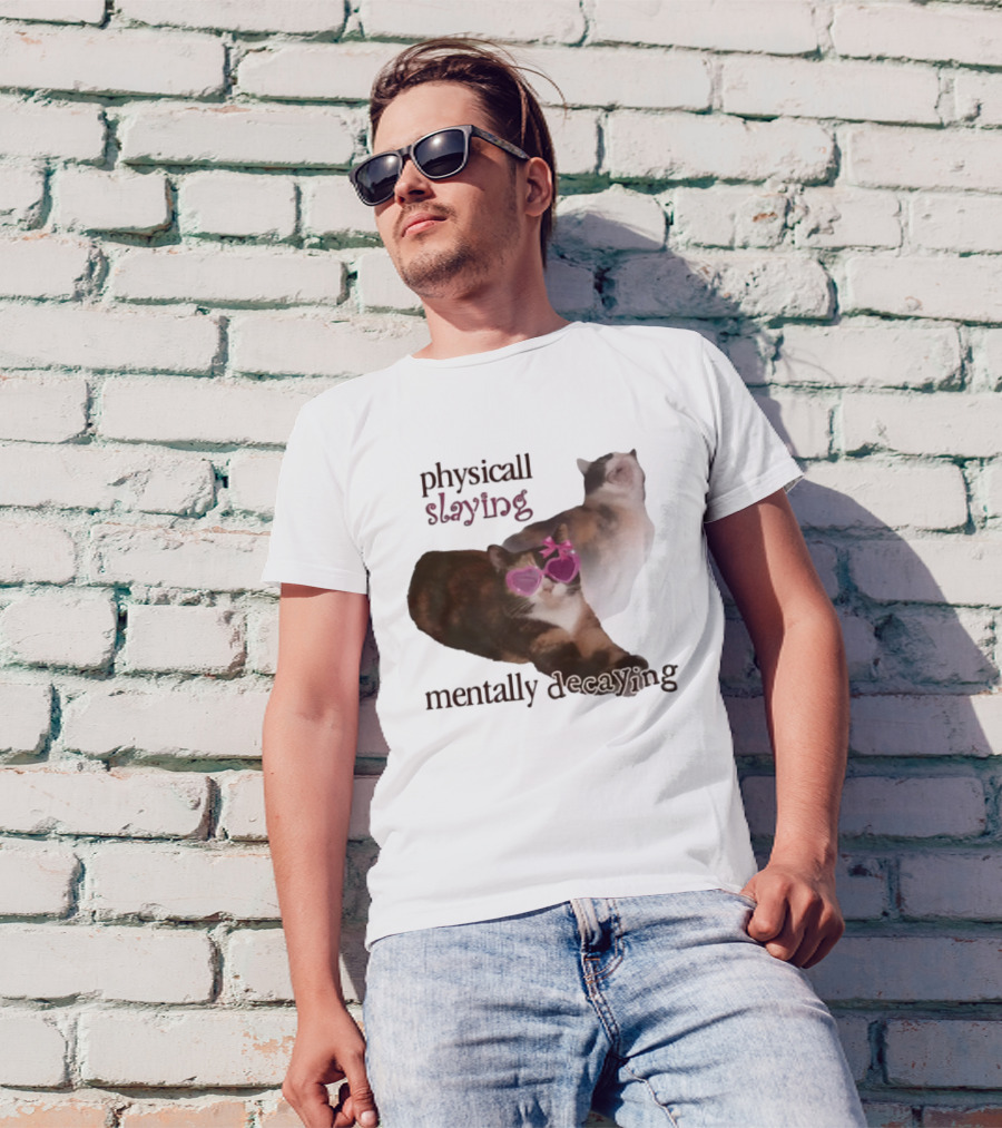 ```Snazzyseagull Physically Slaying Mentally Decaying Cat With Pink Heart Sunglasses``` T-Shirt