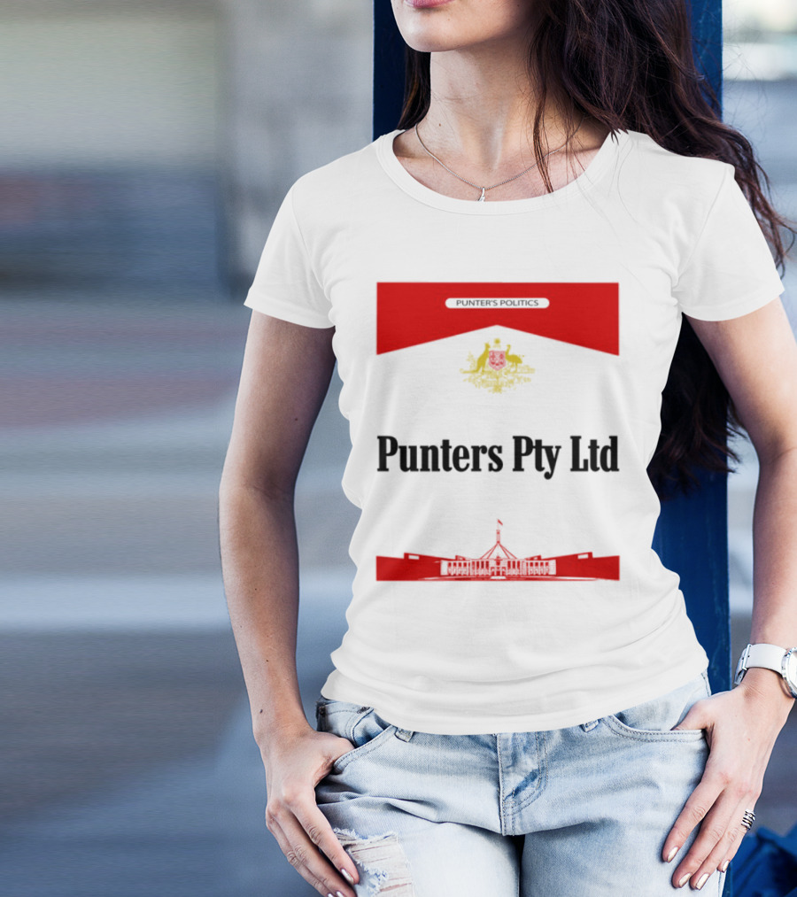 Punter's Lobbyist Uniform Australia's Parliament House Silhouette Red And Gold Emblem T-Shirt