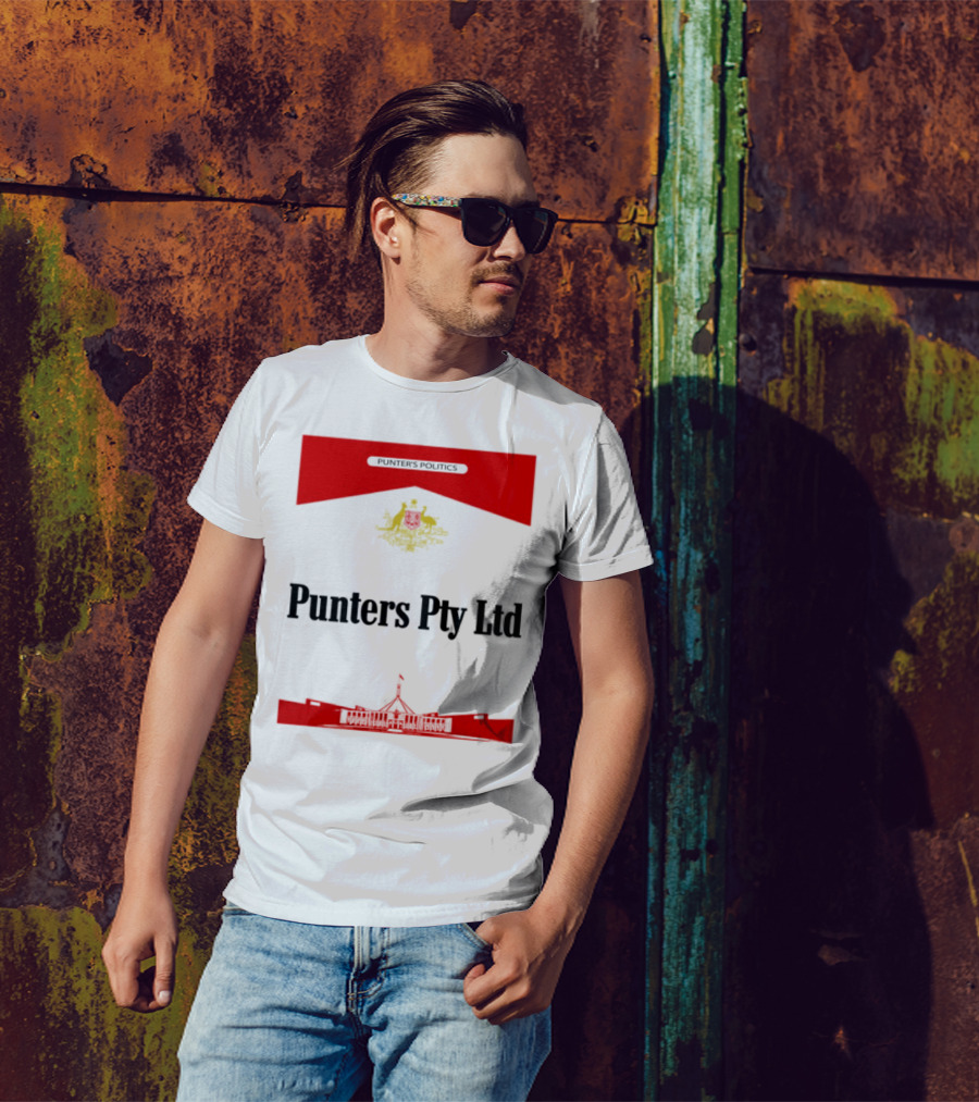 Punter's Lobbyist Uniform Australia's Parliament House Silhouette Red And Gold Emblem T-Shirt