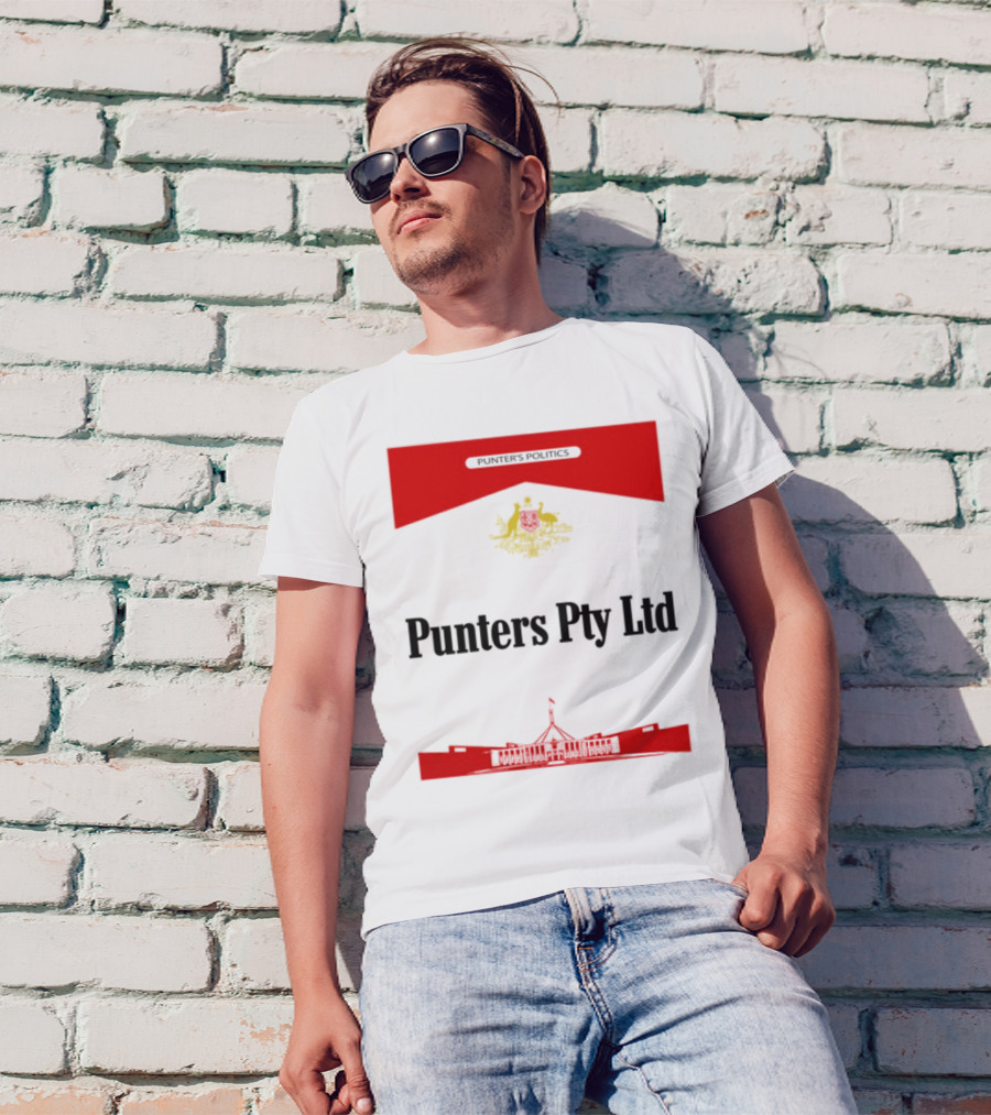 Punter's Lobbyist Uniform Australia's Parliament House Silhouette Red And Gold Emblem T-Shirt