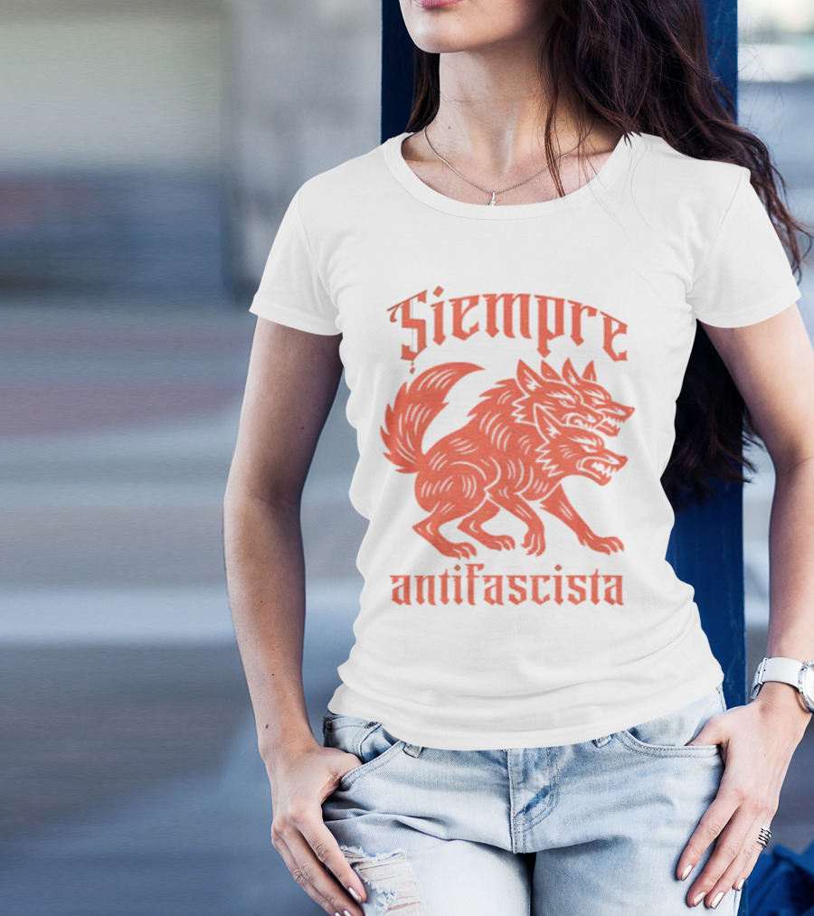 Siempre Antifascista Linocut Three-Headed Dog T-Shirt