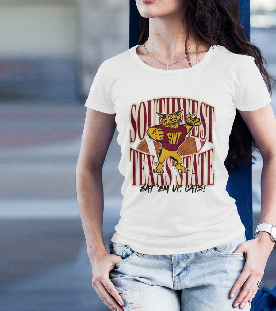Southwest Texas State SWT 1990s Eat Em Up Cats Mascot Football T-Shirt
