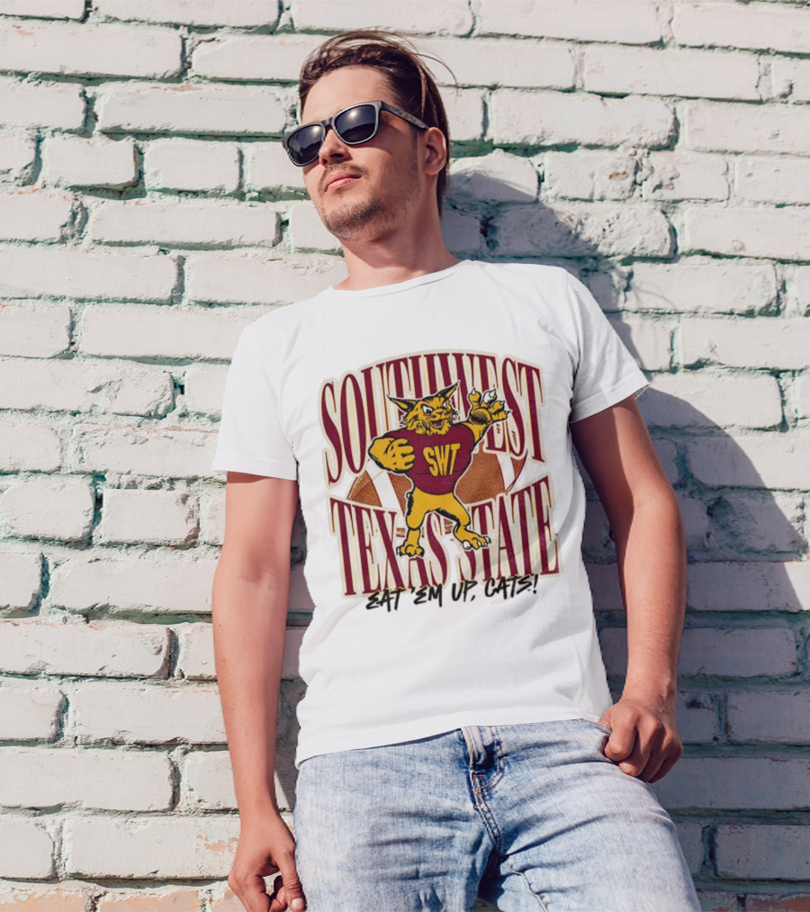 Southwest Texas State SWT 1990s Eat Em Up Cats Mascot Football T-Shirt