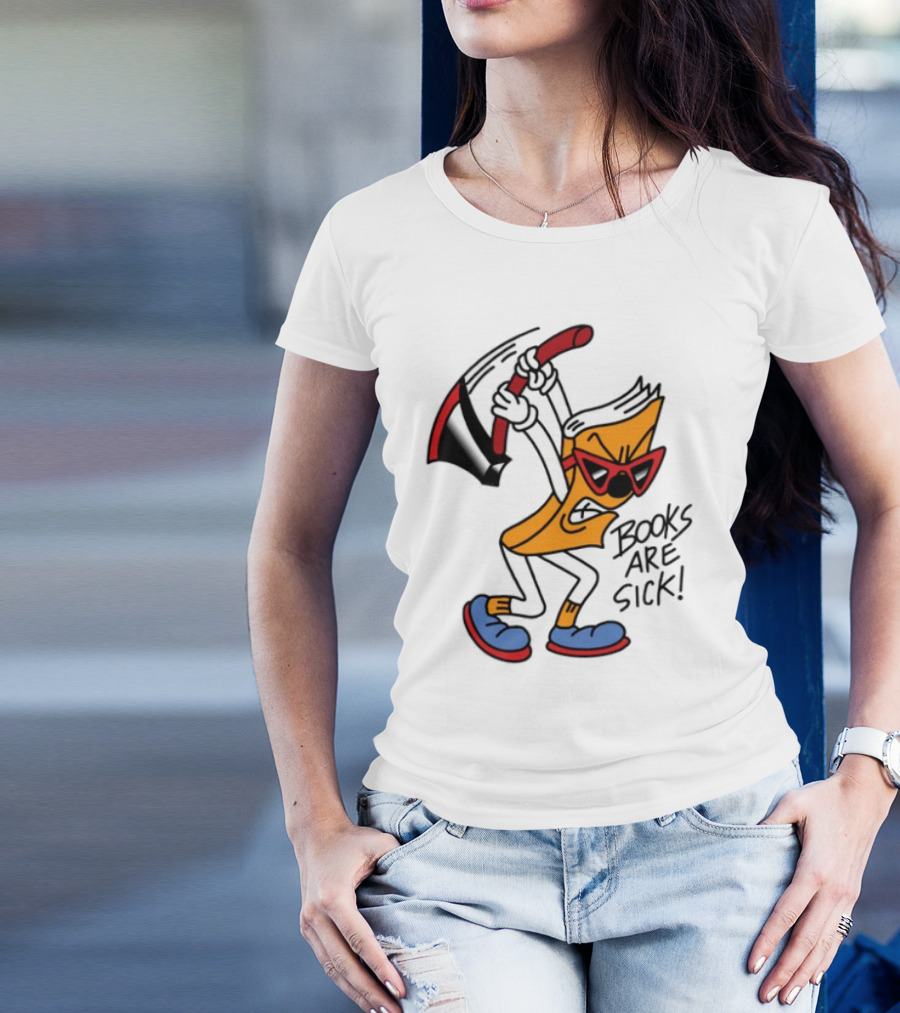 Nick Parry Axed Books Are Sick Animated Character With Pickaxe Sunglasses And Sneakers T-Shirt