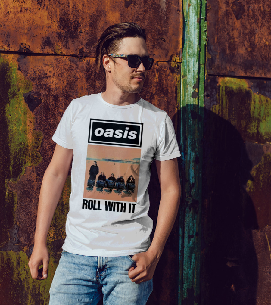 Oasis Roll With It Single Beach Scene Retro Style T-Shirt