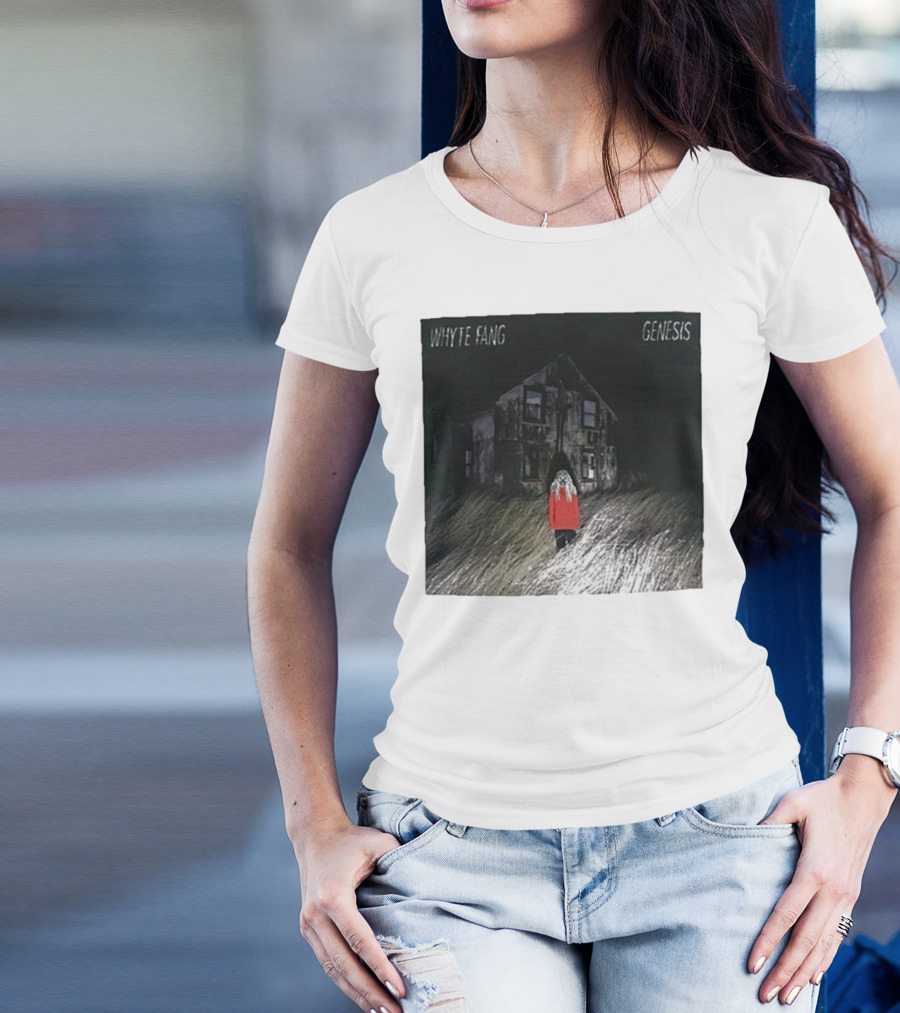 Whyte Fang Genesis Album Cover Creepy House And Figure In Red Jacket T-Shirt