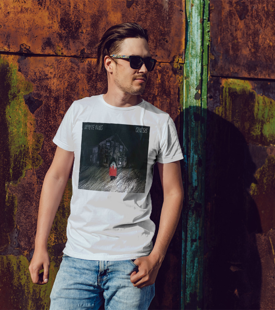 Whyte Fang Genesis Album Cover Creepy House And Figure In Red Jacket T-Shirt