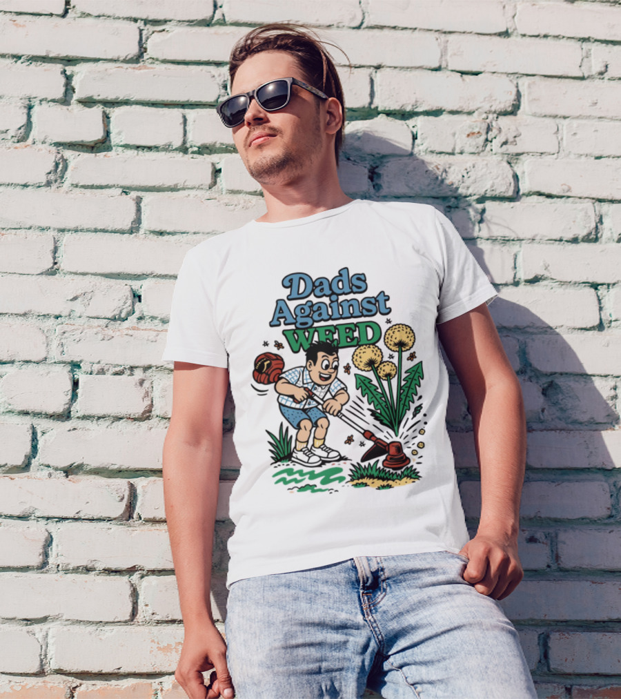 Dads Against Weed Cartoon Boy And Dandelions Gardening Style T-Shirt
