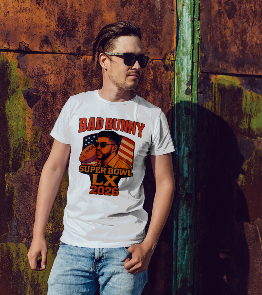 Bad Bunny Super Bowl LX 2026 American Flag Football Graphic T-Shirt