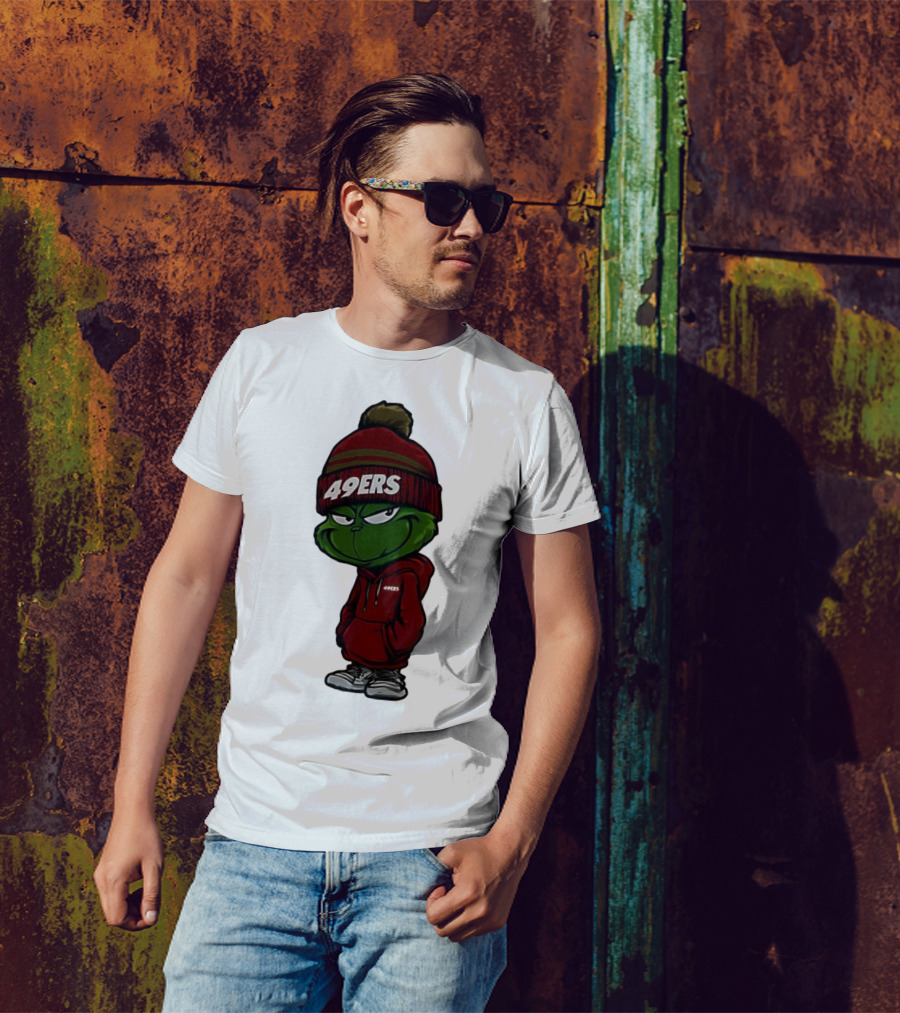 Grinch Wearing 49ers Beanie And San Francisco Football Crossover T-Shirt