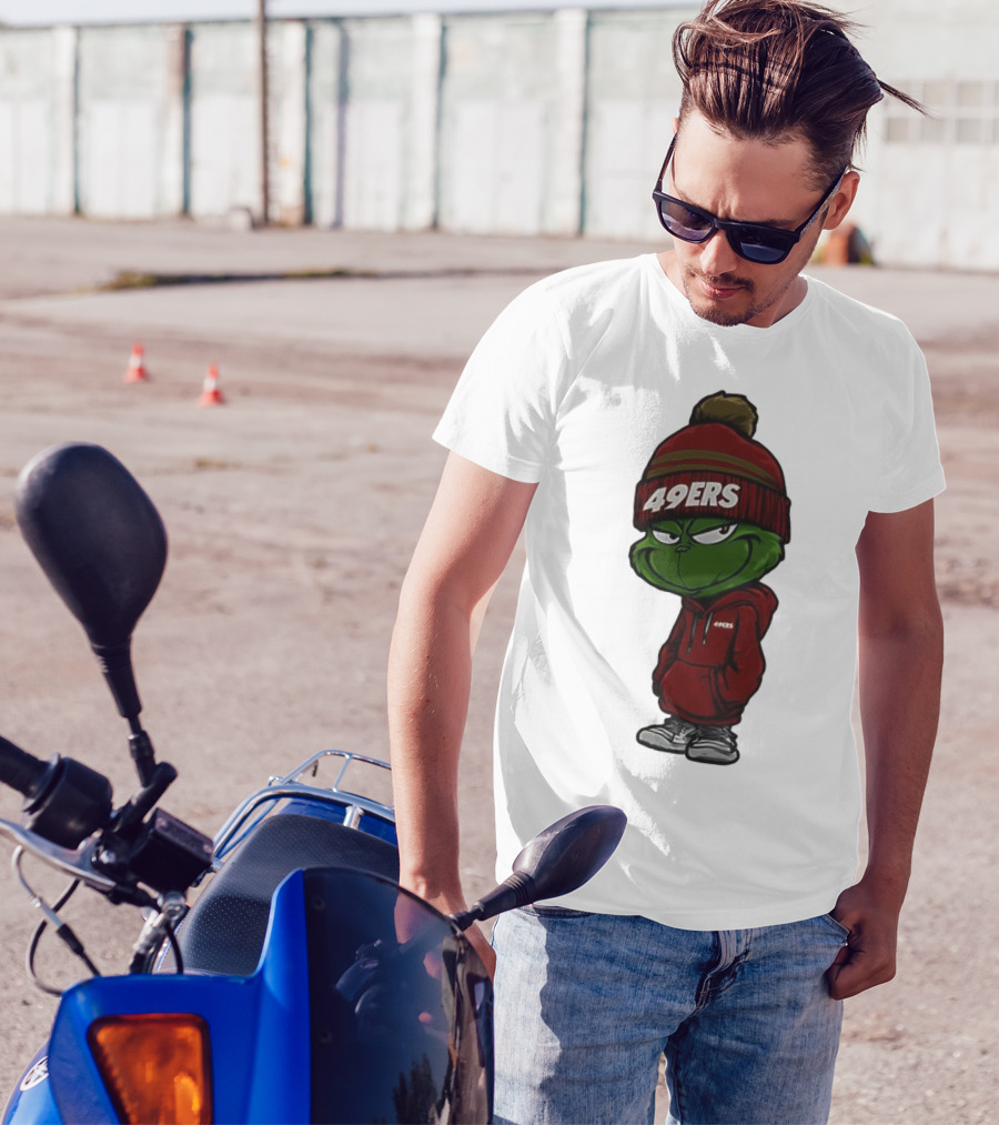 Grinch Wearing 49ers Beanie And San Francisco Football Crossover T-Shirt