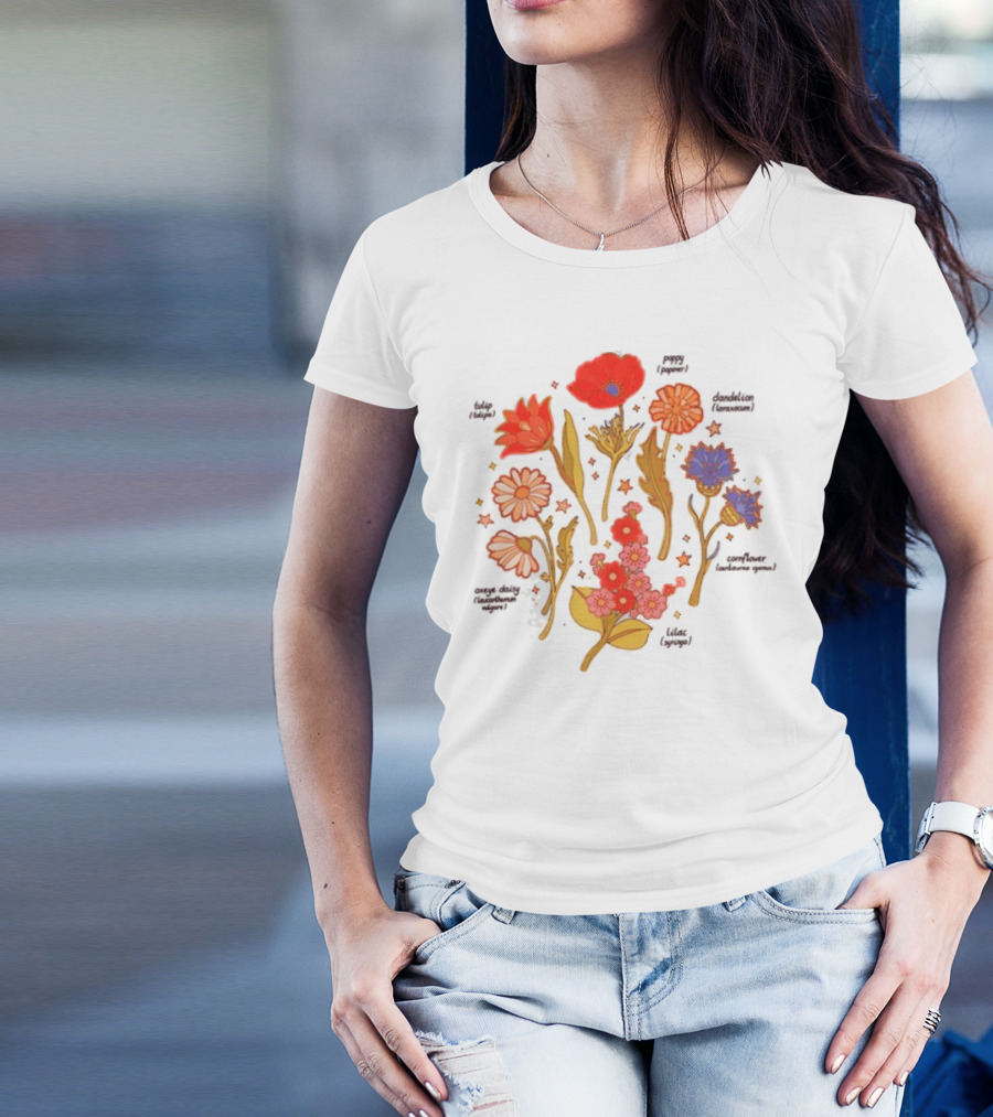 Botanical Revival Tulip Poppy Daisy Cosmos Lavender Floral Arrangement T-Shirt