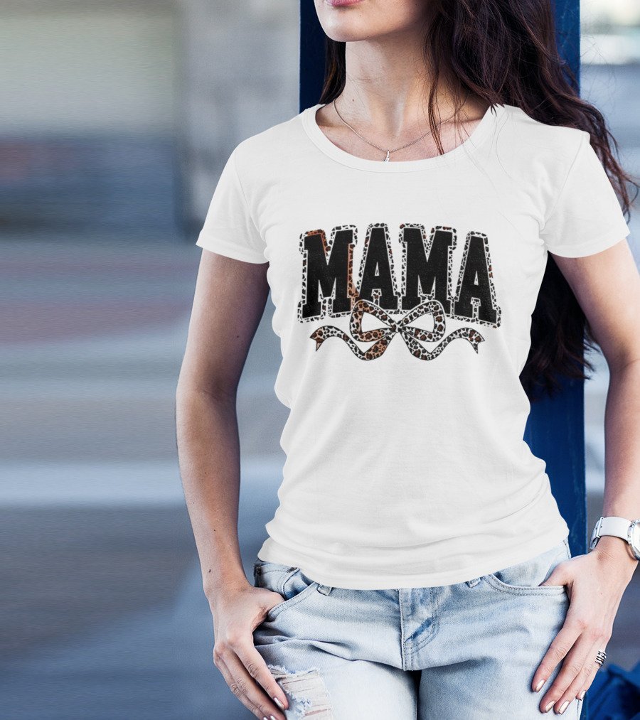 Mama Leopard Print Coquette Bow T-Shirt
