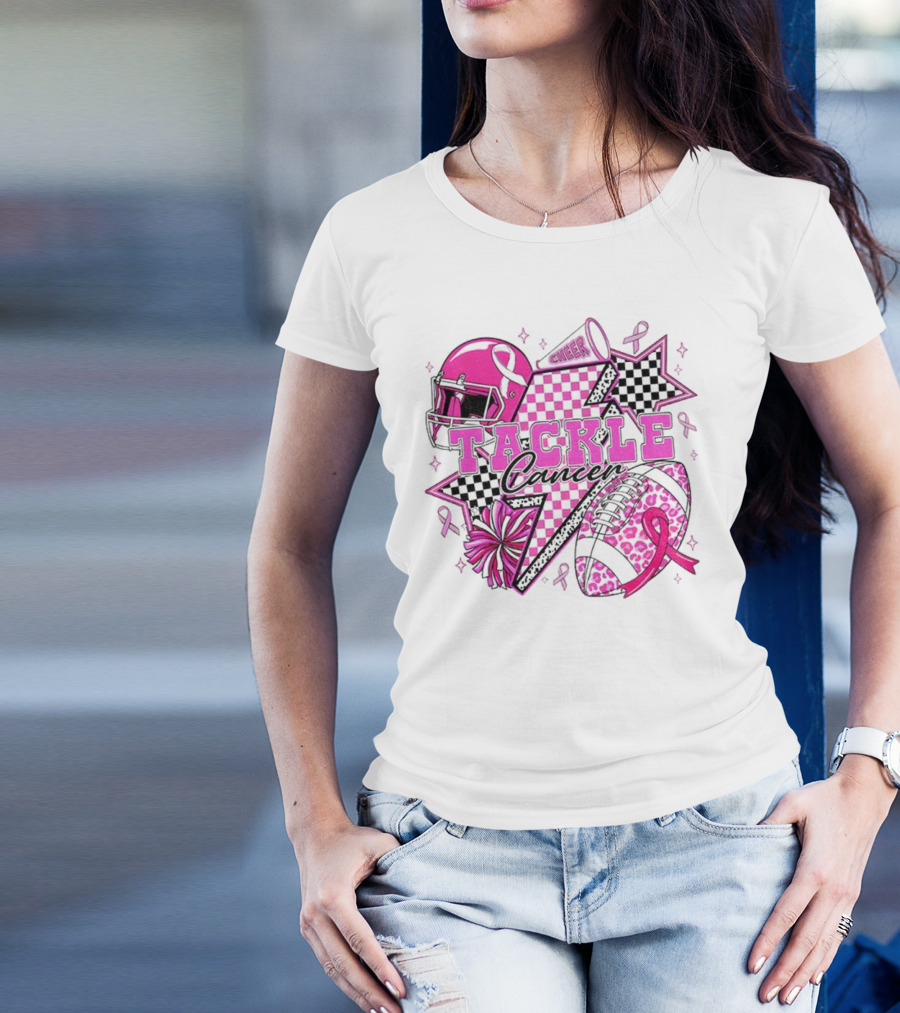 Pink Football Tackle Cancer Cheer Breast Cancer Awareness Ribbons T-Shirt