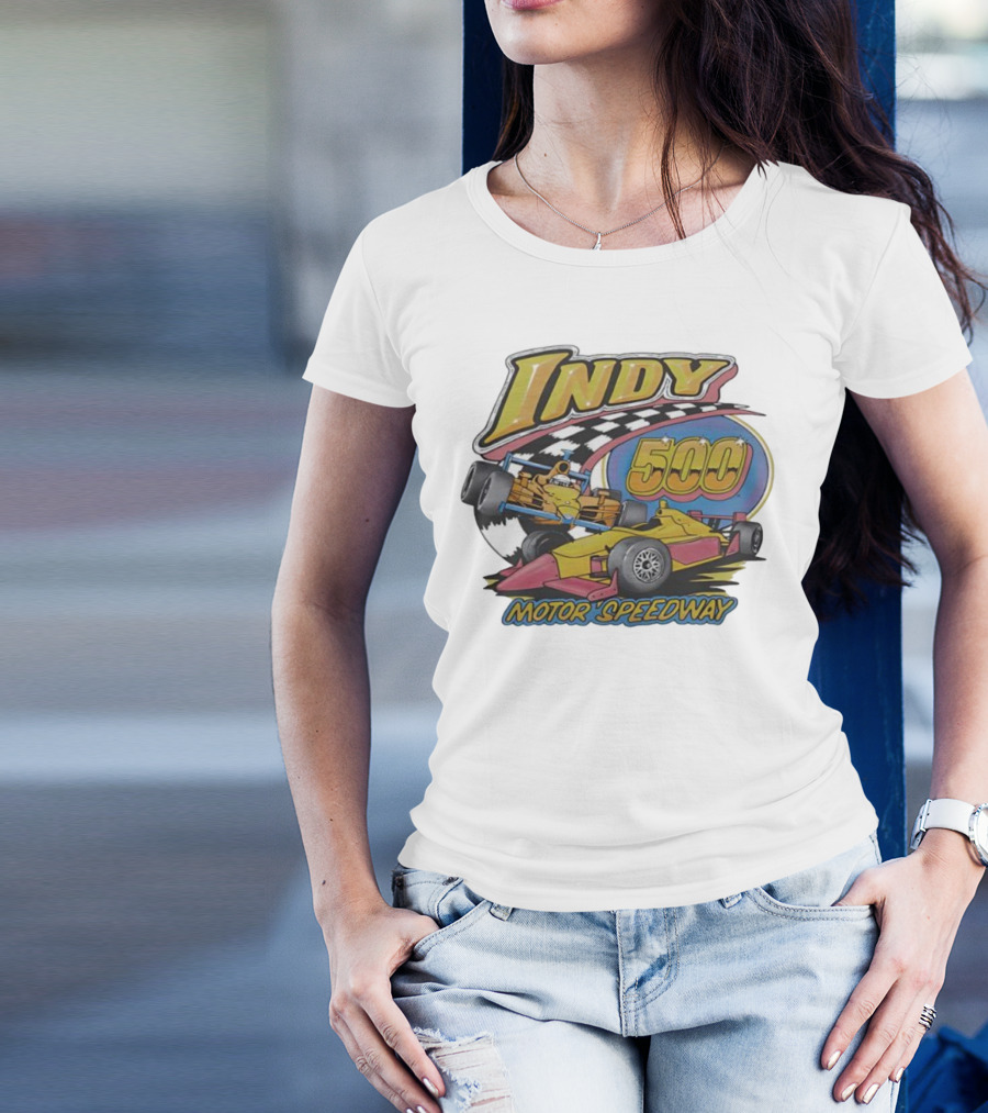 Indy 500 Motor Speedway Racing Cars Checkered Flag Oval Track T-Shirt