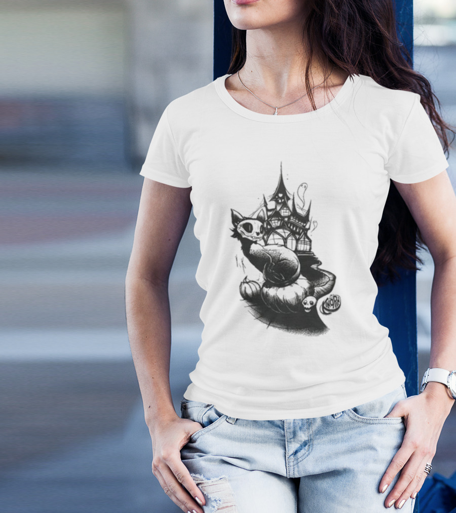Kingpin Skelecat Haunt By Kellan Horner Ghostly Cat With Crown And Smoke T-Shirt