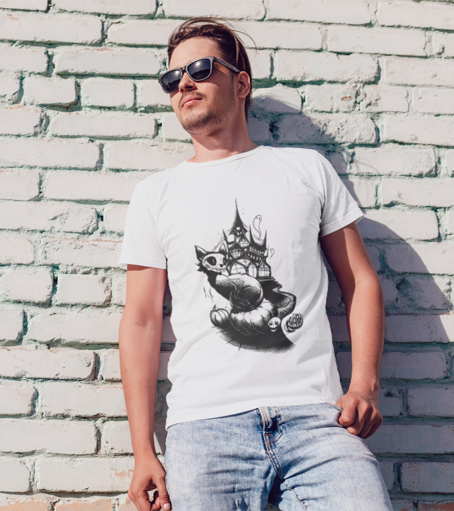 Kingpin Skelecat Haunt By Kellan Horner Ghostly Cat With Crown And Smoke T-Shirt