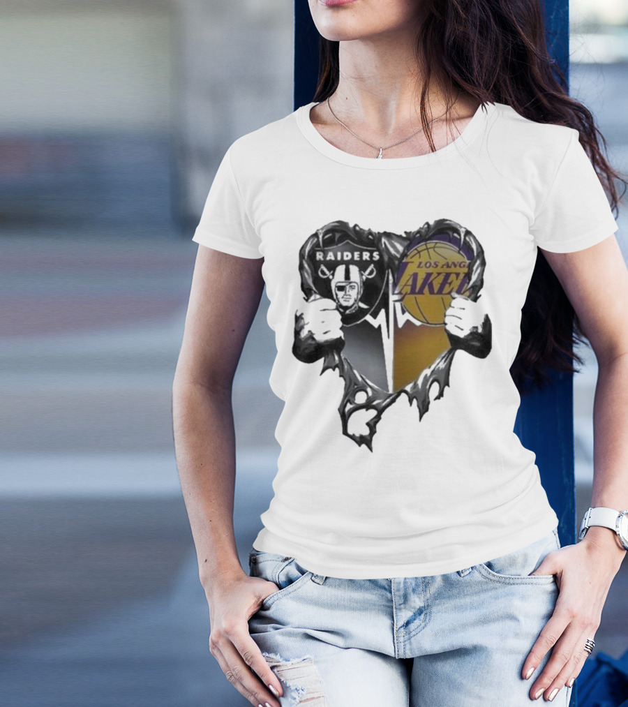 Las Vegas Raiders Los Angeles Lakers Heart Design T-Shirt