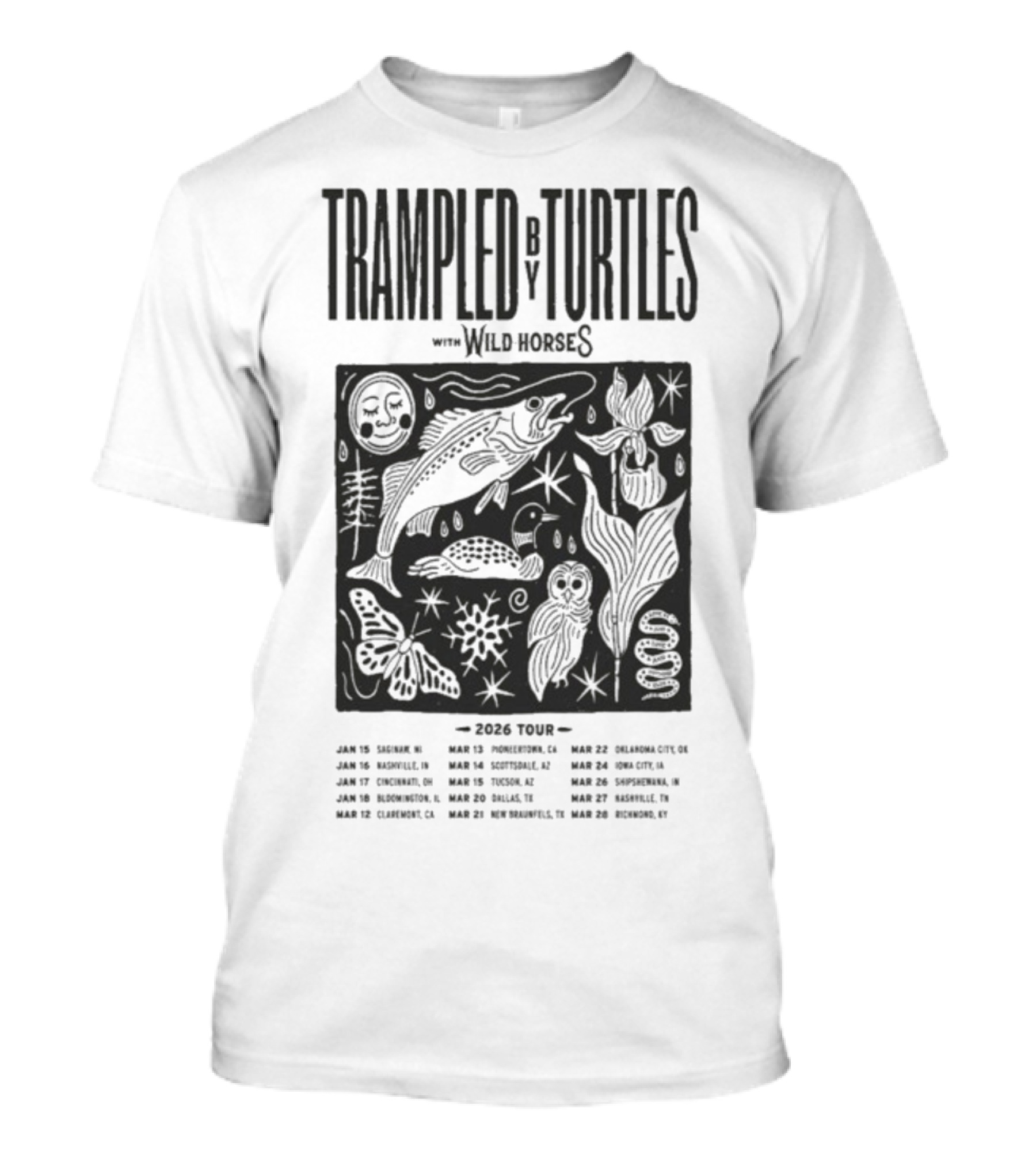 Trampled By Turtles Wild Horses 2026 Tour Dates Fish Sun Moon Flower Butterfly T-Shirt