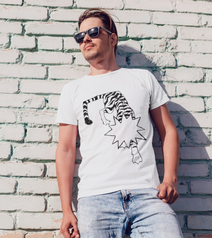 Cody Guaranteedaudio Tiger Illustration Black And White Dynamic Pouncing Feline With Bold Outline T-Shirt