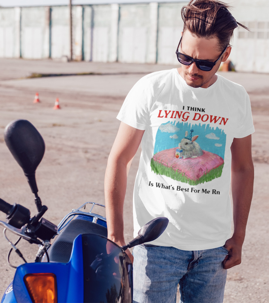 I Think Lying Down Bunny With Party Hat And Juice Box Pillow Clouds T-Shirt