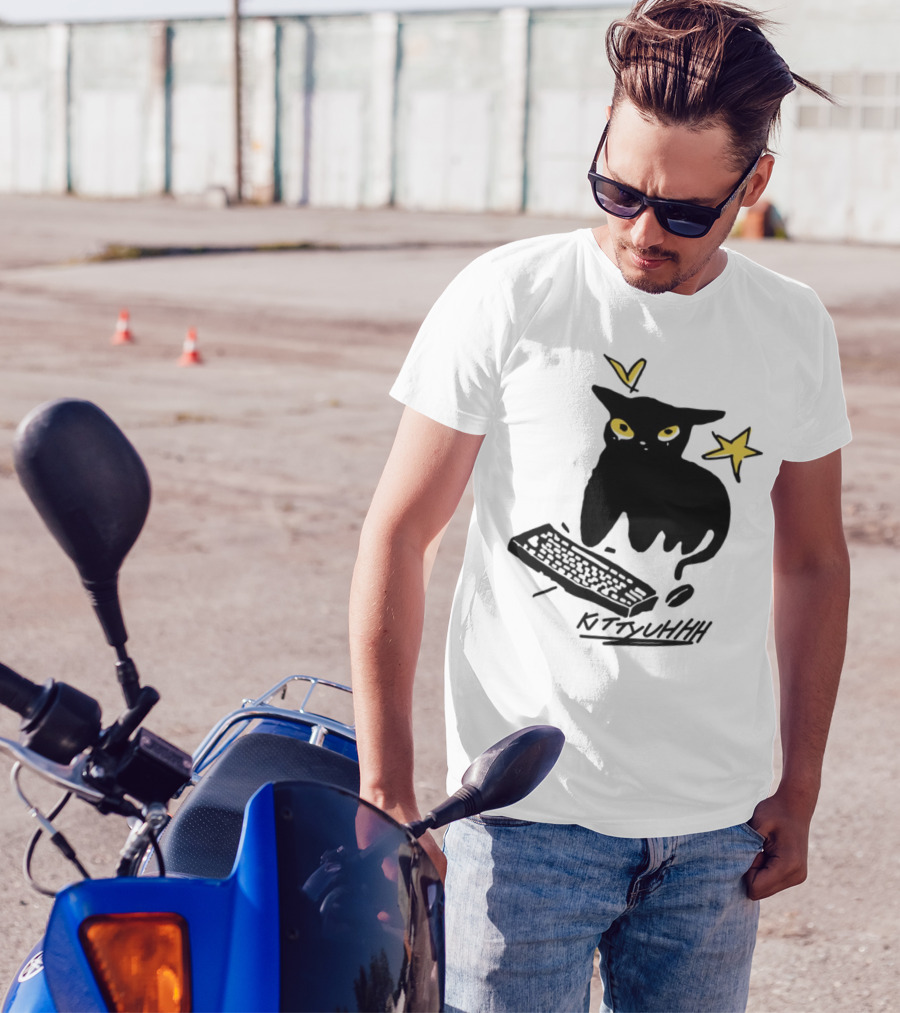 Kittyuhhh Cat At Keyboard With Yellow Eyes And Stars T-Shirt