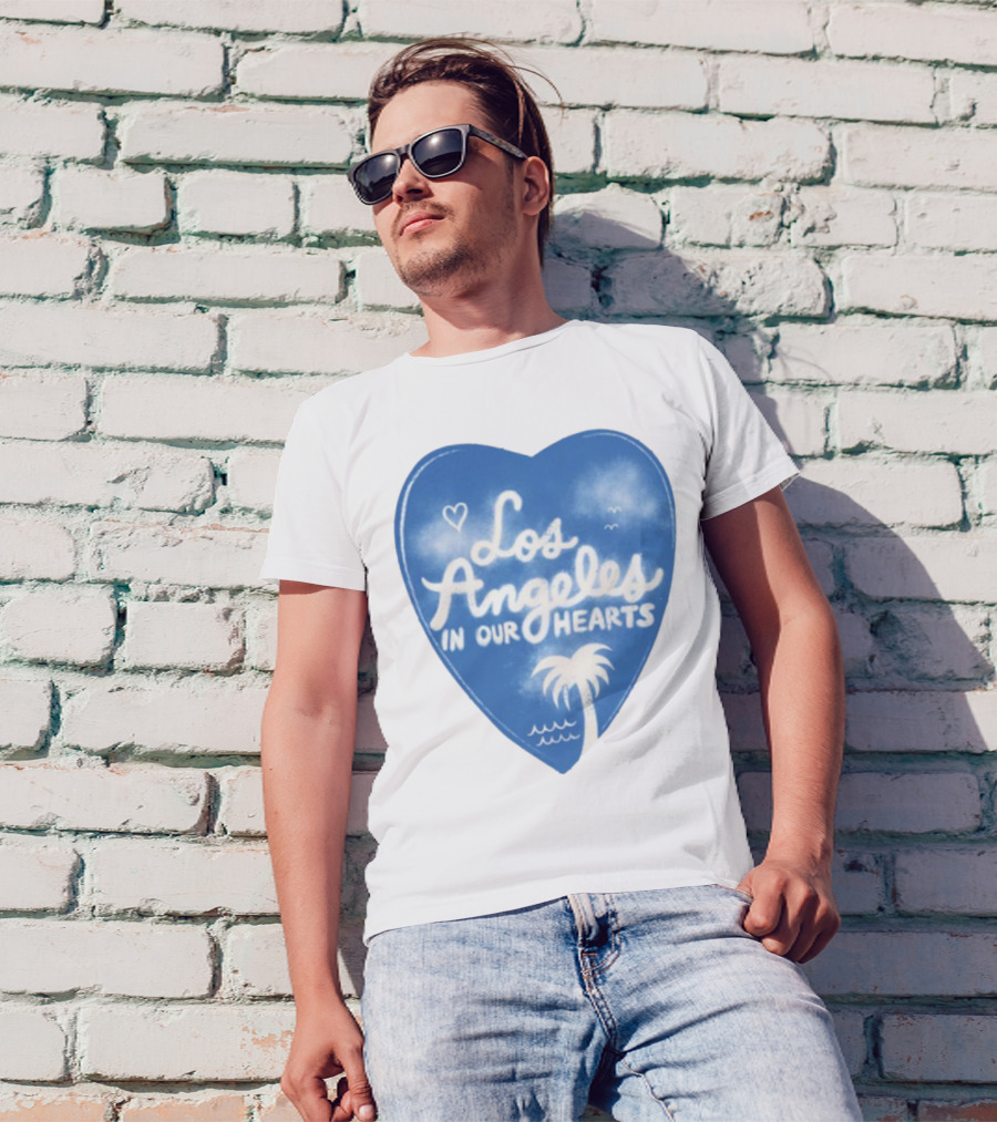 Los Angeles In Our Hearts Blue Heart With Palm Tree And Waves T-Shirt
