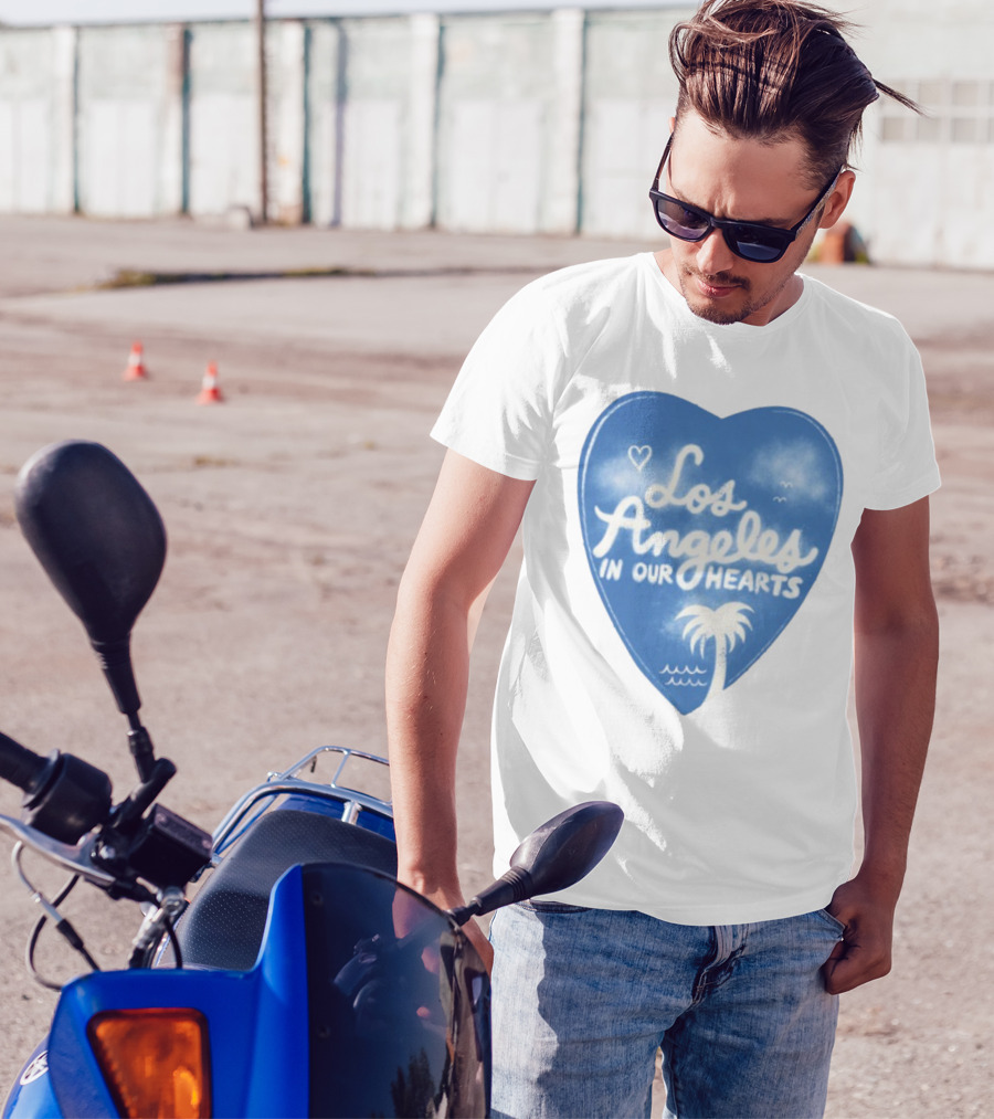 Los Angeles In Our Hearts Blue Heart With Palm Tree And Waves T-Shirt