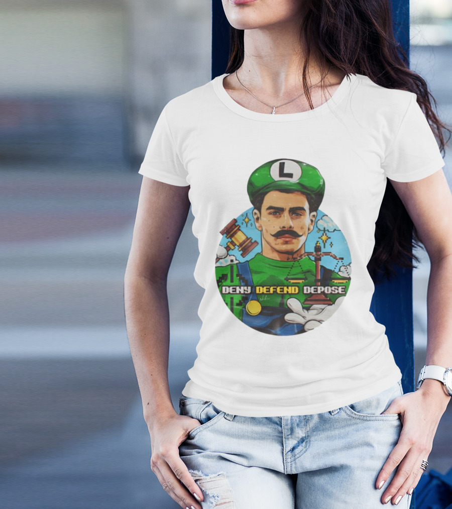 Luigi Mangione Deny Defend Depose Mario Bros Inspired Courtroom Adventure T-Shirt