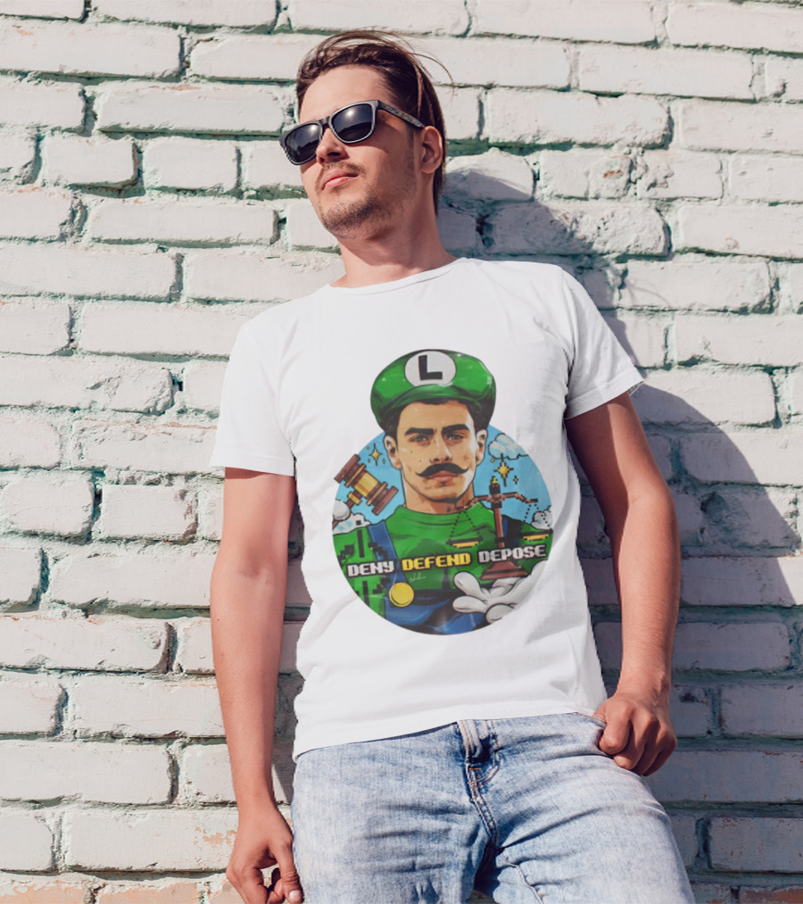 Luigi Mangione Deny Defend Depose Mario Bros Inspired Courtroom Adventure T-Shirt