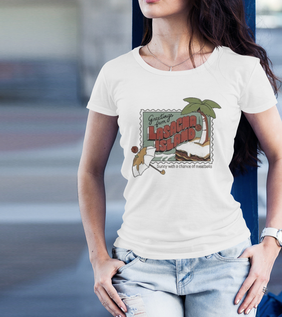 Greetings From Lasagna Island Sunny With A Chance Of Meatballs Palm Tree Umbrella Scene T-Shirt