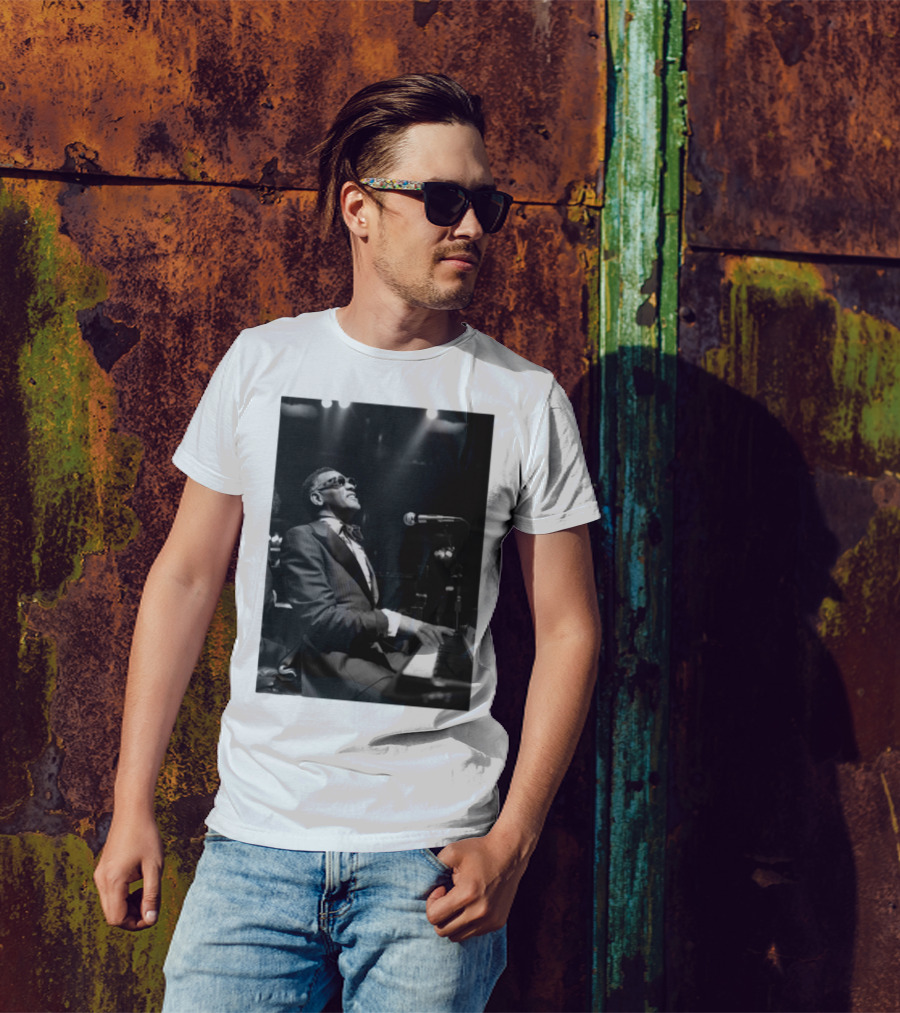 Ray Charles Live On Stage At The Piano In Black And White T-Shirt
