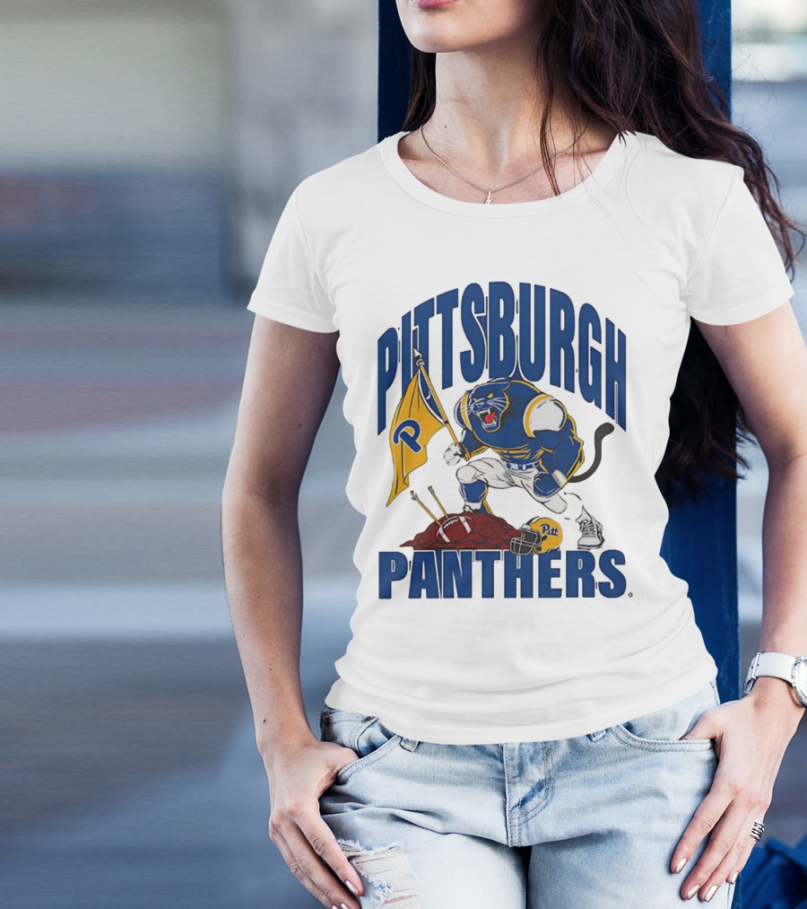 Pittsburgh Panthers Pitt Mascot Planting Flag Football Helmet T-Shirt