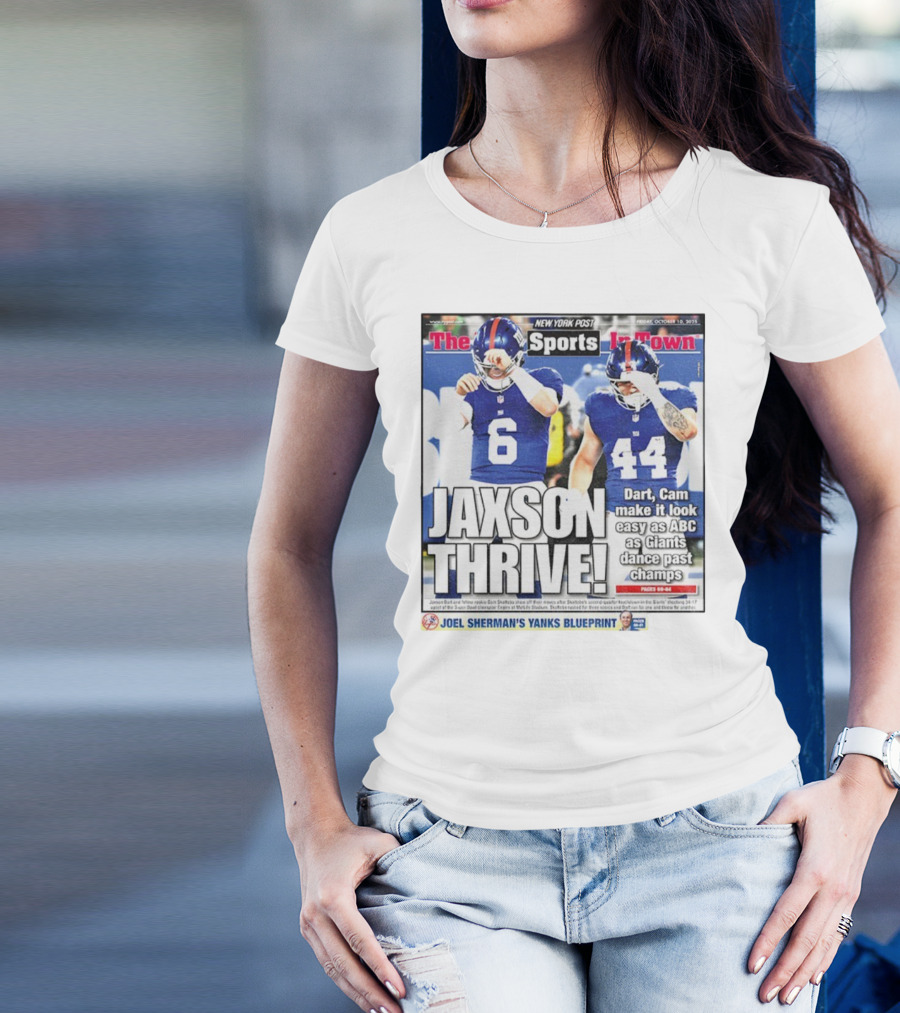 New York Post Jaxson Dart Cam Skattebo Giants Thrive Edition T-Shirt
