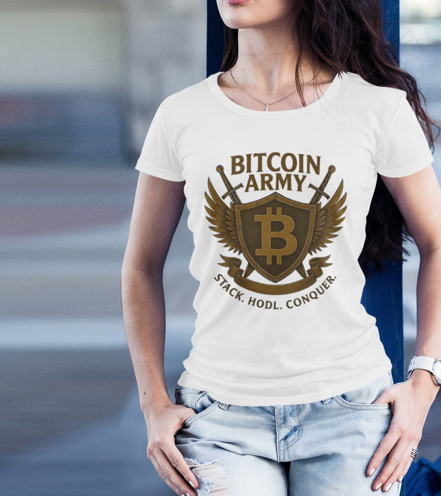 Bitcoin Army Shield Stack Hodl Conquer Crypto Warriors T-Shirt
