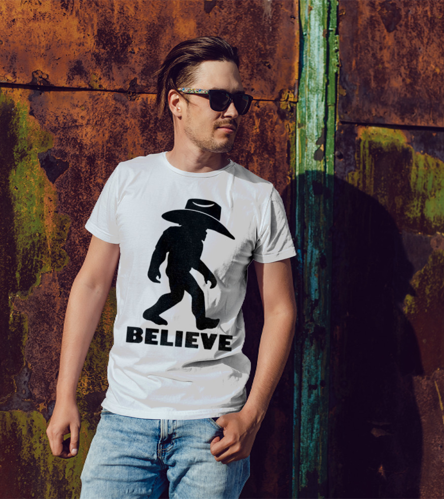 Believe Bigfoot Cowboy Hat Western Myth Legend T-Shirt