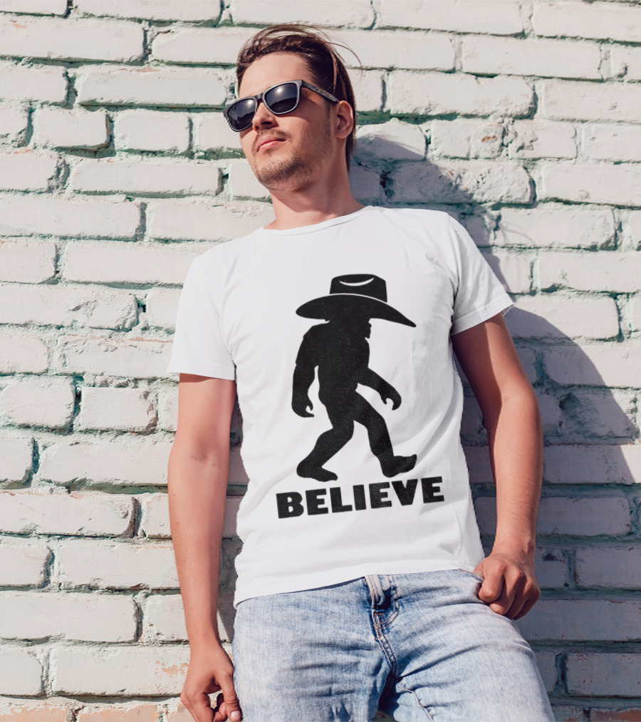 Believe Bigfoot Cowboy Hat Western Myth Legend T-Shirt