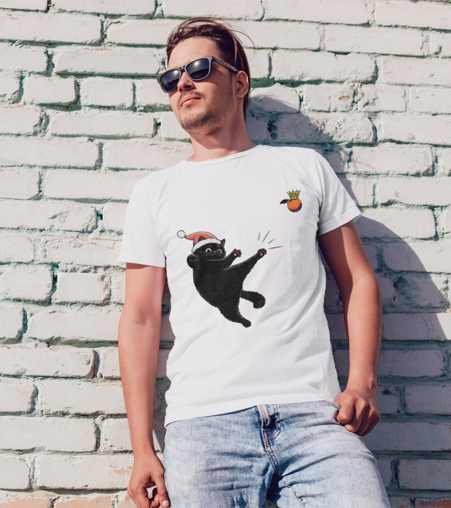 Black Cat Santa Hat Kicking Crowned Orange No Kings Christmas Anti-Trump T-Shirt