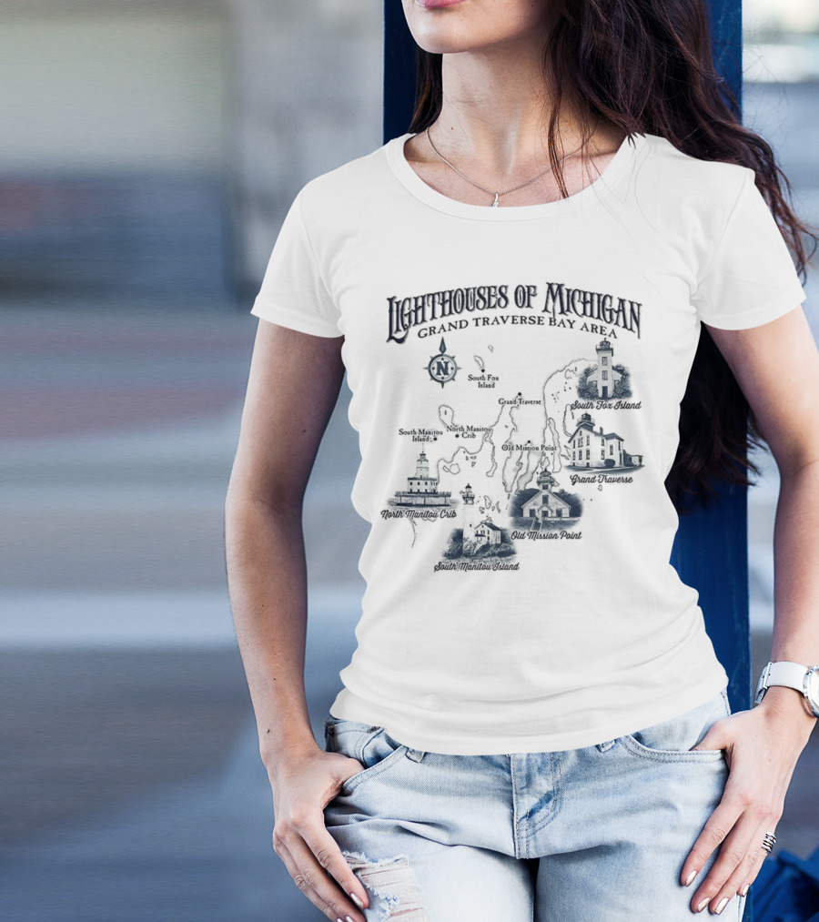 Lighthouses Of Michigan Grand Traverse Bay Area White Shoal South Fox Island Old Mission Grand Traverse South Manitou Northport T-Shirt
