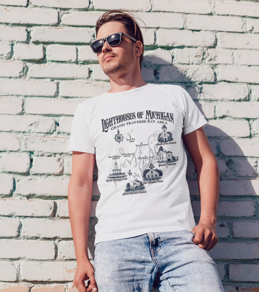 Lighthouses Of Michigan Grand Traverse Bay Area White Shoal South Fox Island Old Mission Grand Traverse South Manitou Northport T-Shirt