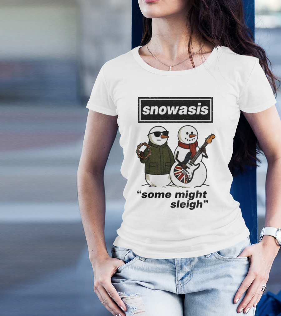 Snowasis Some Might Sleigh Christmas Snowmen With Guitars And Tambourine T-Shirt